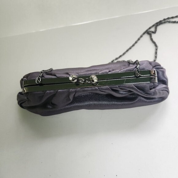 Jessica Mcclintock Gunmetal Kiss Lock Satin Evening Purse Crossbody Chain - Picture 2 of 5